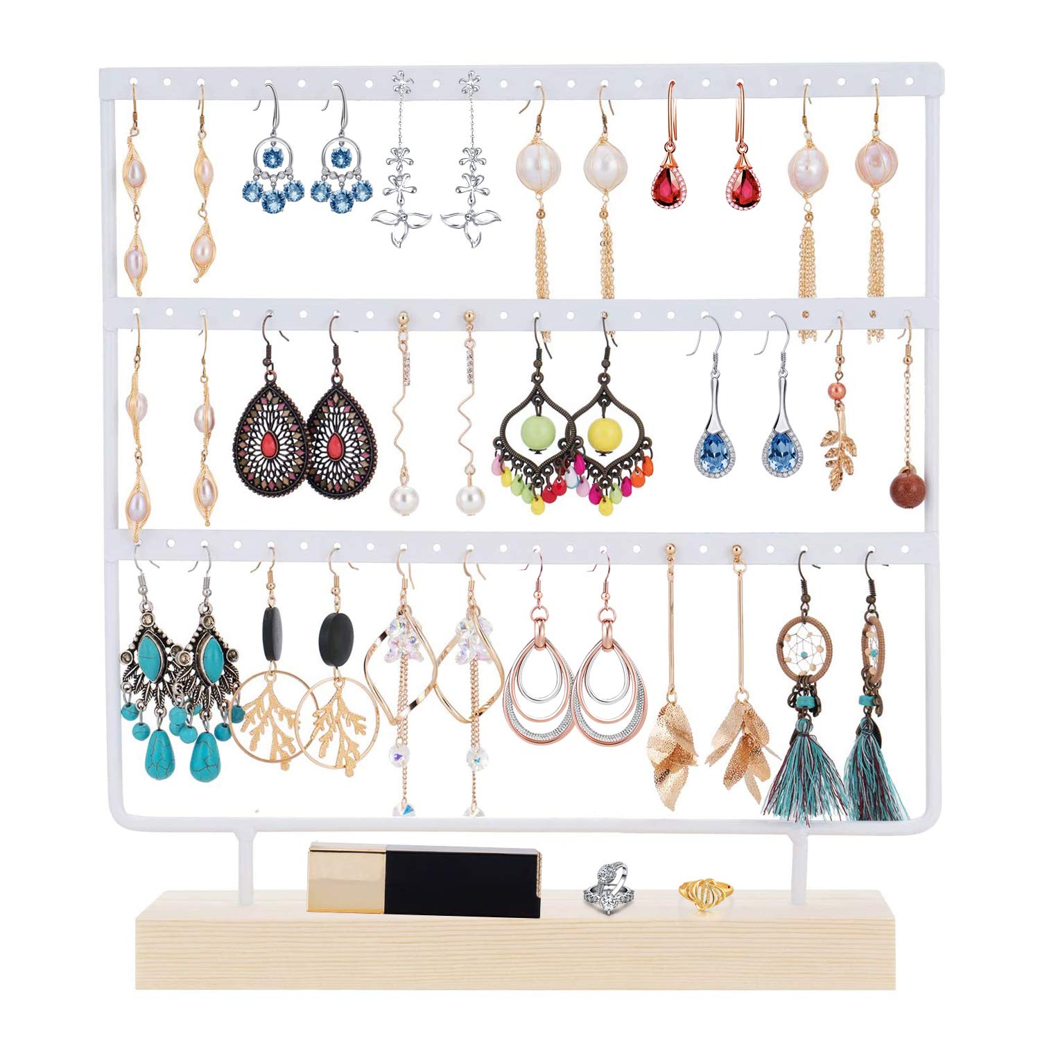 ANNDOFYANNDOFY Earrings Organizer Jewelry Display Stand, 3-Tier Earring Holder Rack for Hanging Earrings, Metal and Wood Basic Large Storage Earring Jewelry Display Tree as Women Girls Gift