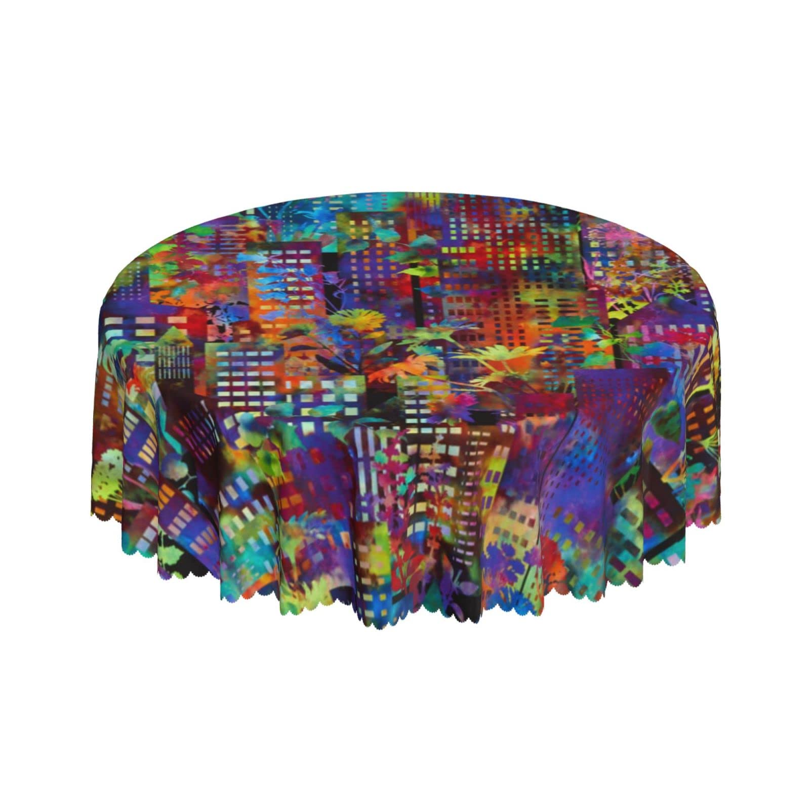 Lsjuee Abstract Building Colorful Plant Round Tablecloth 60 Inch Printed Washable Tablecloth for Dining Party Holiday Fall Home Decorative