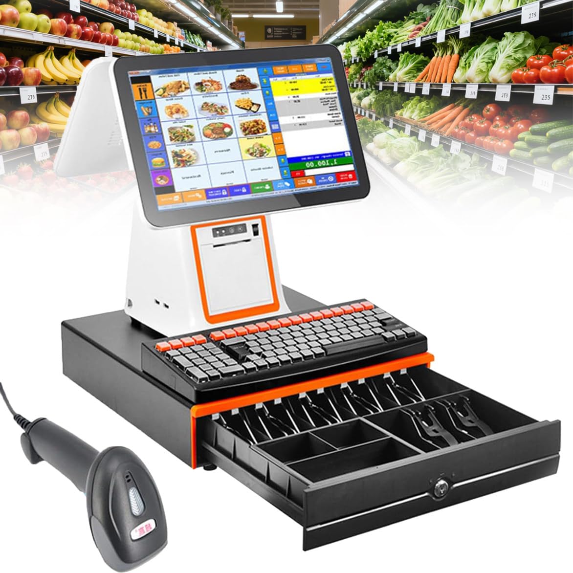 PtaTritious All in ONE Smart Touch Screen Cash Register pos System, Barcode Scanner, with 15.6-inch Dual Screen, Retail and Restaurant Pos Terminal Machine for Small Business White