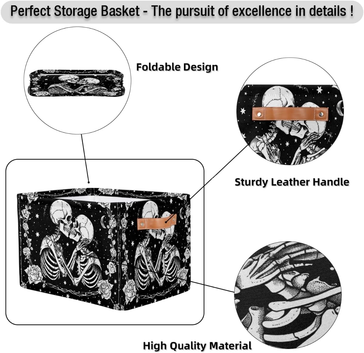 Pardick Halloween Skull Skeleton Goth Basket Storage Bins Large Fabric Toys Storage Cube Box with Handles Collapsible Closet Shelf Cloth Organizer Basket for Nursery Bedroom Bathroom Holiday Gift