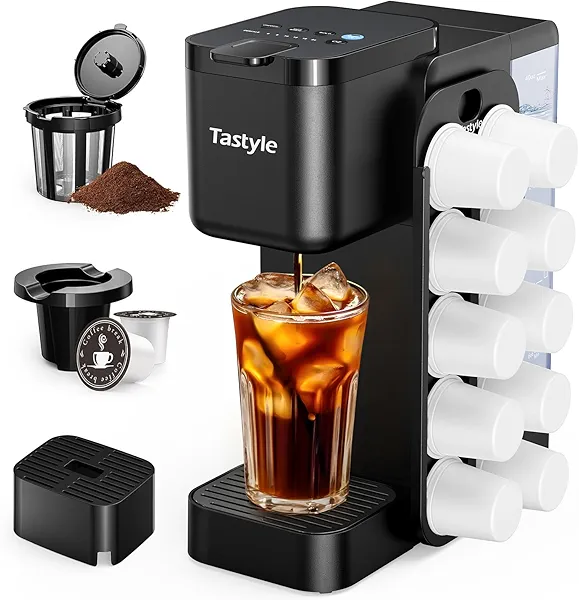 Hot & Iced Coffee Maker with Magnetic K-Pod Organizer (Pods Not Included), Stores 10 Pods, 4-5 Cups Coffee Maker & Single-serve Brewer for K Cup & Grounds, 40oz Removable Water Tank, Black