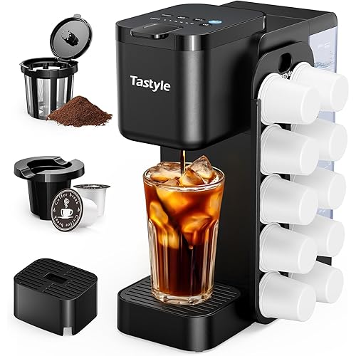 Hot & Iced Coffee Maker with Magnetic K-Pod Organizer (Pods Not Included), Stores 10 Pods, 4-5 Cups Coffee Maker & Single-serve Brewer for K Cup & Grounds, 40oz Removable Water Tank, Black
