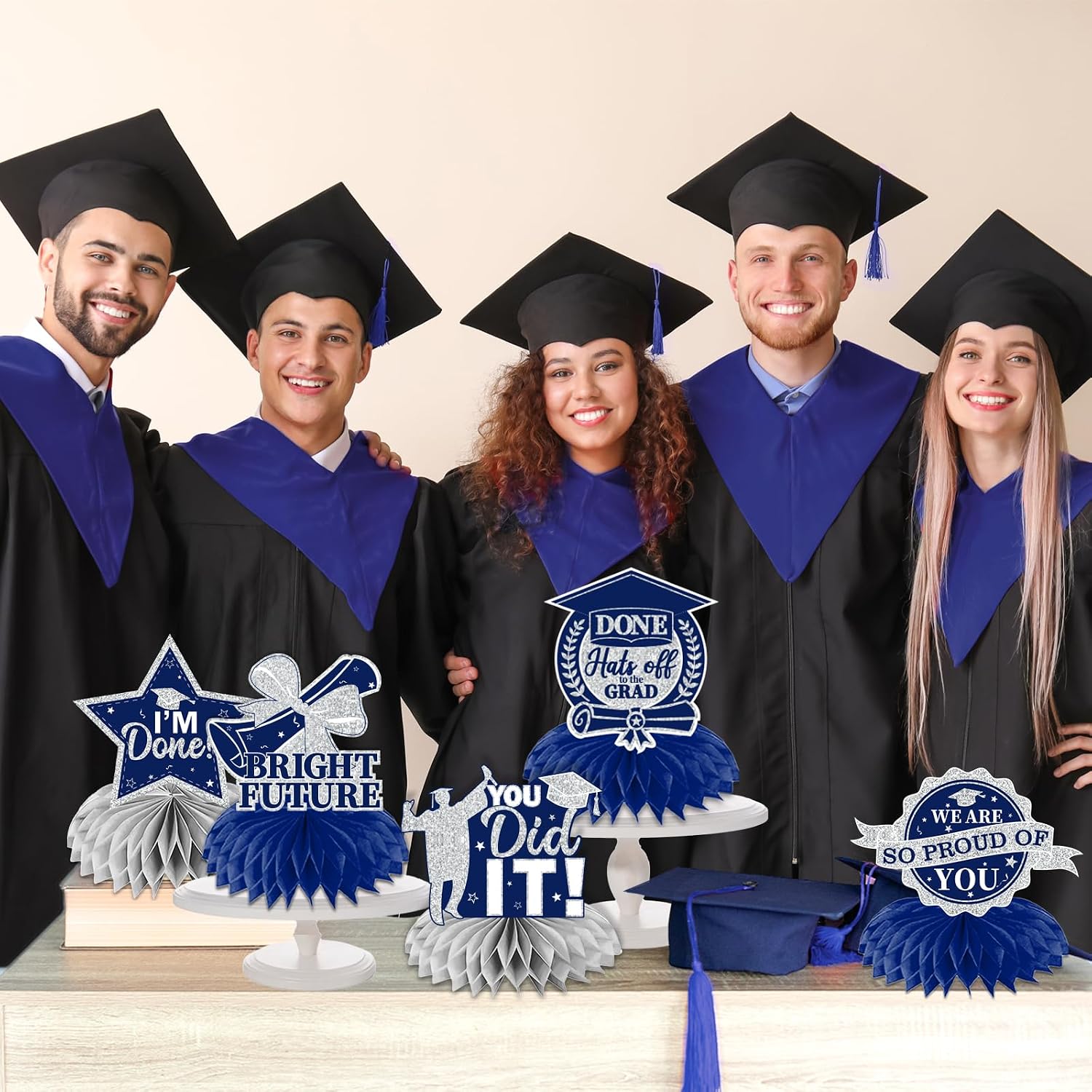 12pcs Graduation Table Decorations,Silver and Navy Blue Graduation Decorations 2026 Graduation Centerpieces for Tables,Class of 2026 Centerpieces Honeycomb for Congrats Grad Table Decor (Navy Blue)