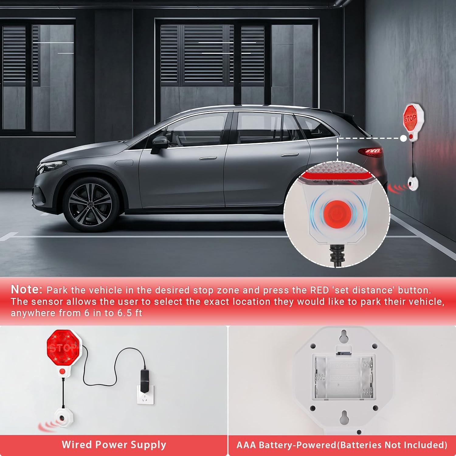 Garage Parking Sensor, Adjustable Garage Car Stop Indicator with Red/Yellow/Green LED Display, Set Stop Distance 6"–6 Ft, Battery (Not Included) or Power Cord Powered (White) image 5