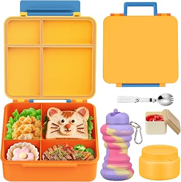 Bento Lunch Box for Kids with 9oz Soup Thermo, Leakproof Lunch Food Containers with 4 Compartment, Kids Thermo Hot Food Jar for School Travel