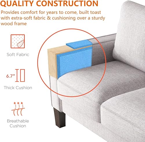 Miniatura 5 de Sofá de tela de 53 pulgadas para sala de estar, espacios pequeños, sofá con madera maciza, brazo cuadrado y funda extraíble (gris claro)
