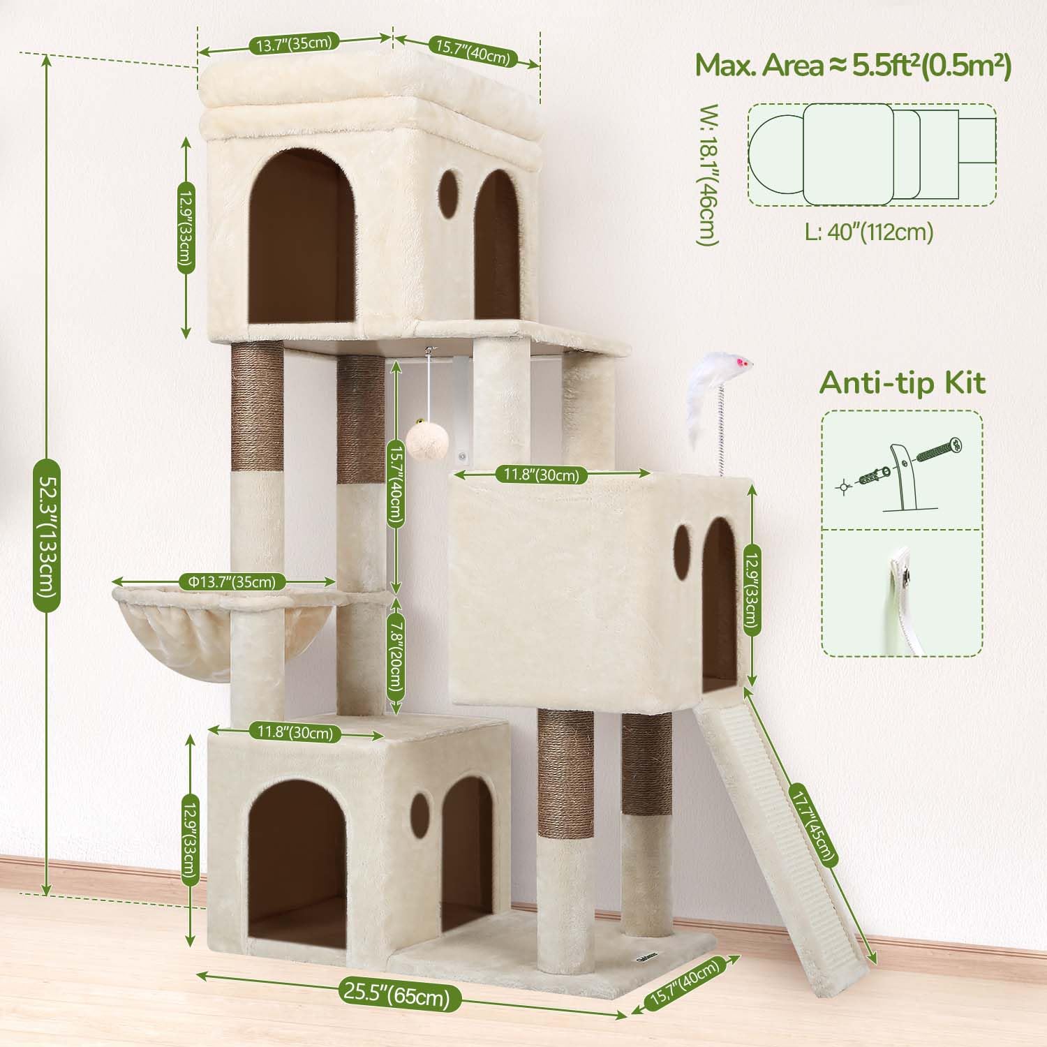 Globlazer Árbol Rascador Beige para 2-4 Gatos con 3 Grandi Nidos 40 * 33 * 35cm, Plataformas, Tabla Rascar Sisal, Cesta, Juguetes, Estable Torre Rascador Alto 133 cm para Gatos Grandes (F52B, Beige)