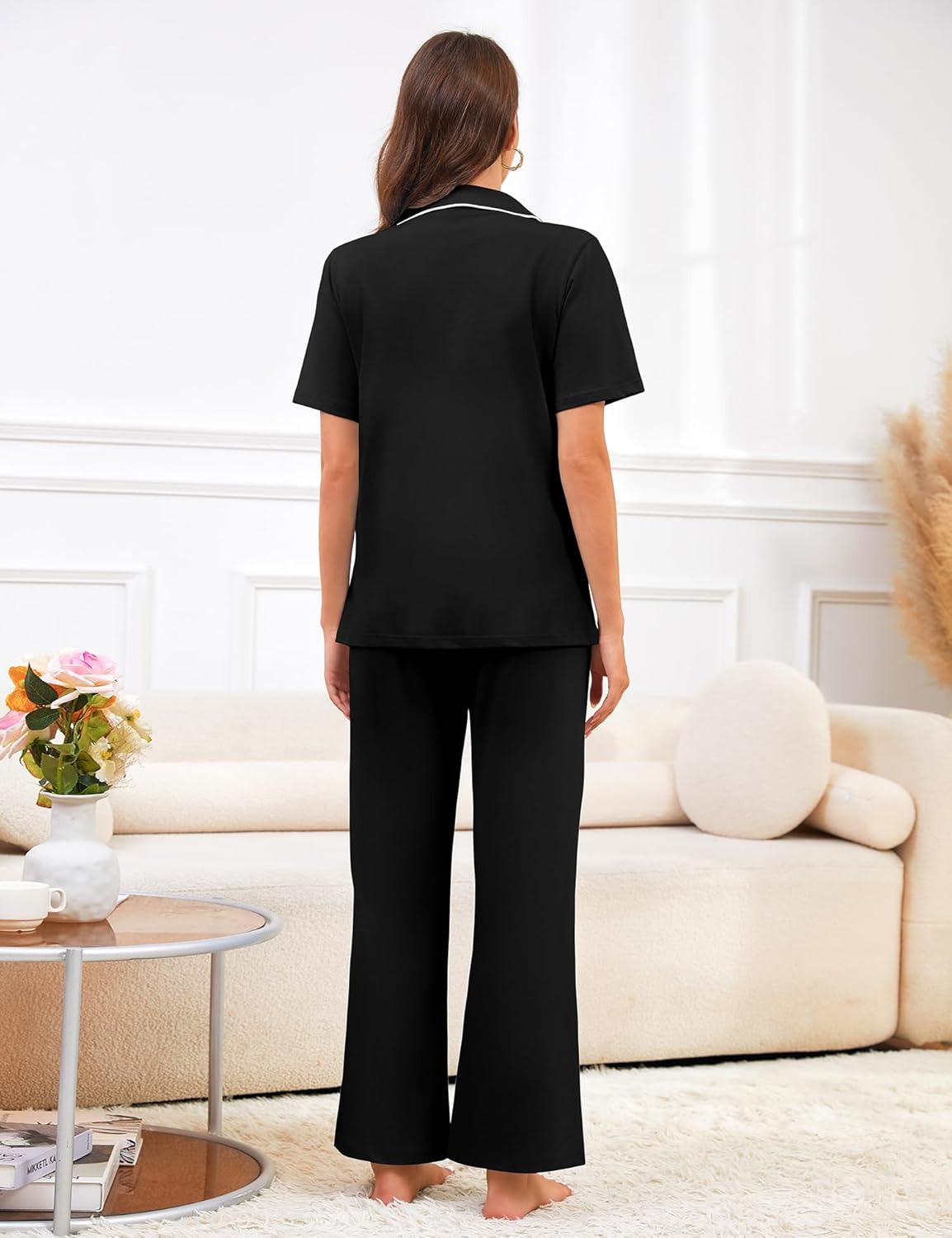 Bloggerlove 100% Cotton Pajamas for Women Set 2 Piece Short Sleeve Women's Sleepwear with Long Pant Button Down Lounge Sets Black - Image 5