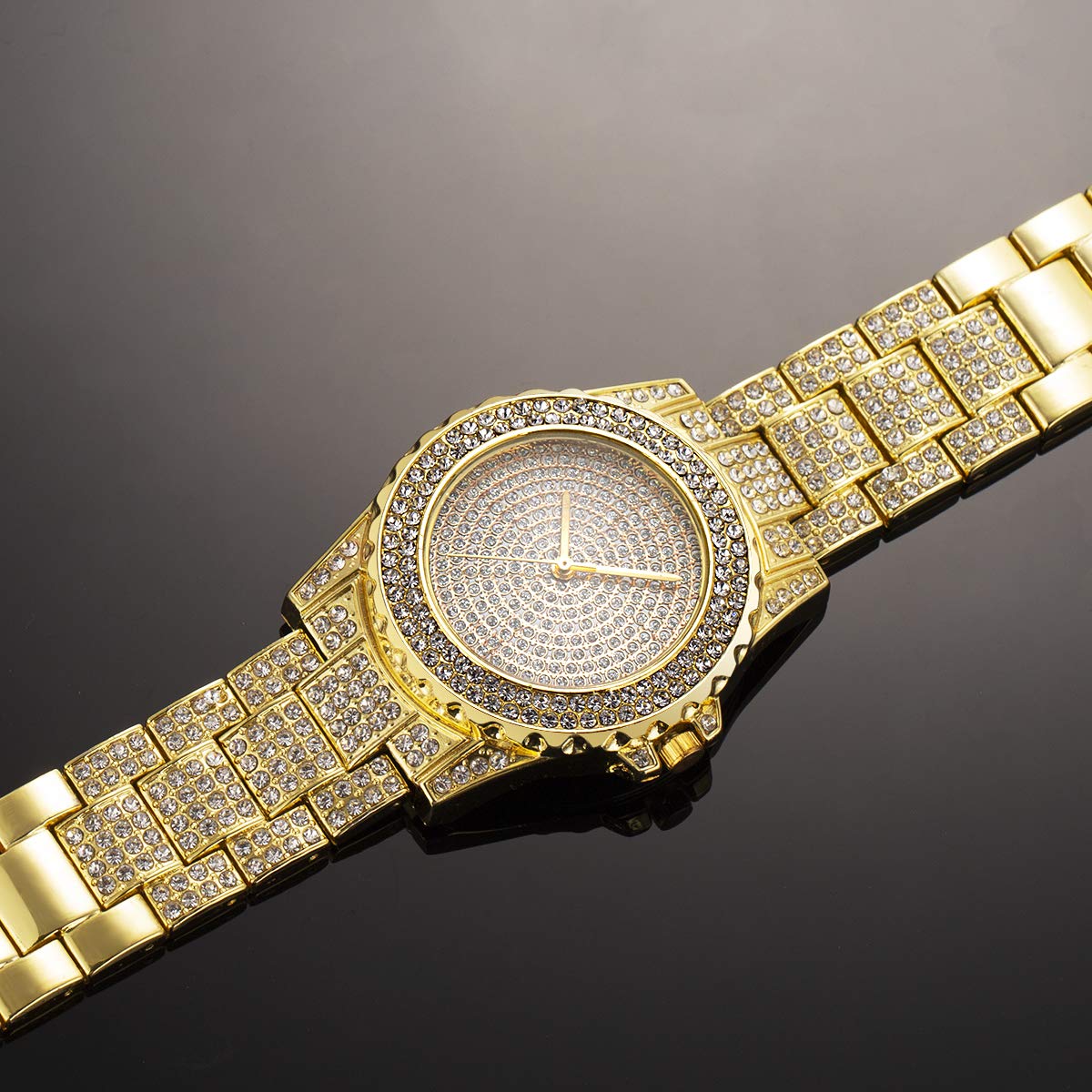 Orologio da polso da donna, con cinturino in acciaio inox, con numeri romani, analogico, al quarzo, in acciaio inox, con strass