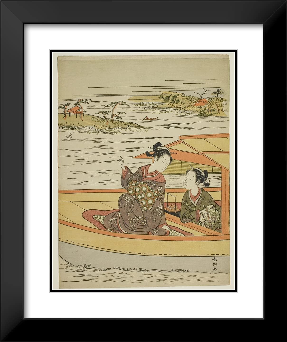 ArtDirect Suzuki Harunobu 20x24 Black Modern Framed and Double Matted Art Print Titled Two Beauties in a Boat