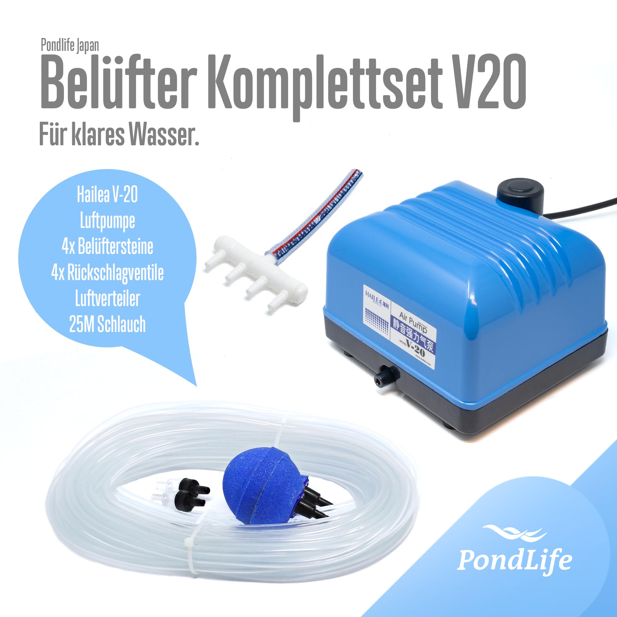 Pondlife Belüfter Komplett Set V-20 - Leistungsstark - Qualitativ - Luftverteiler - Belüftersteine - Schlauch inkl.