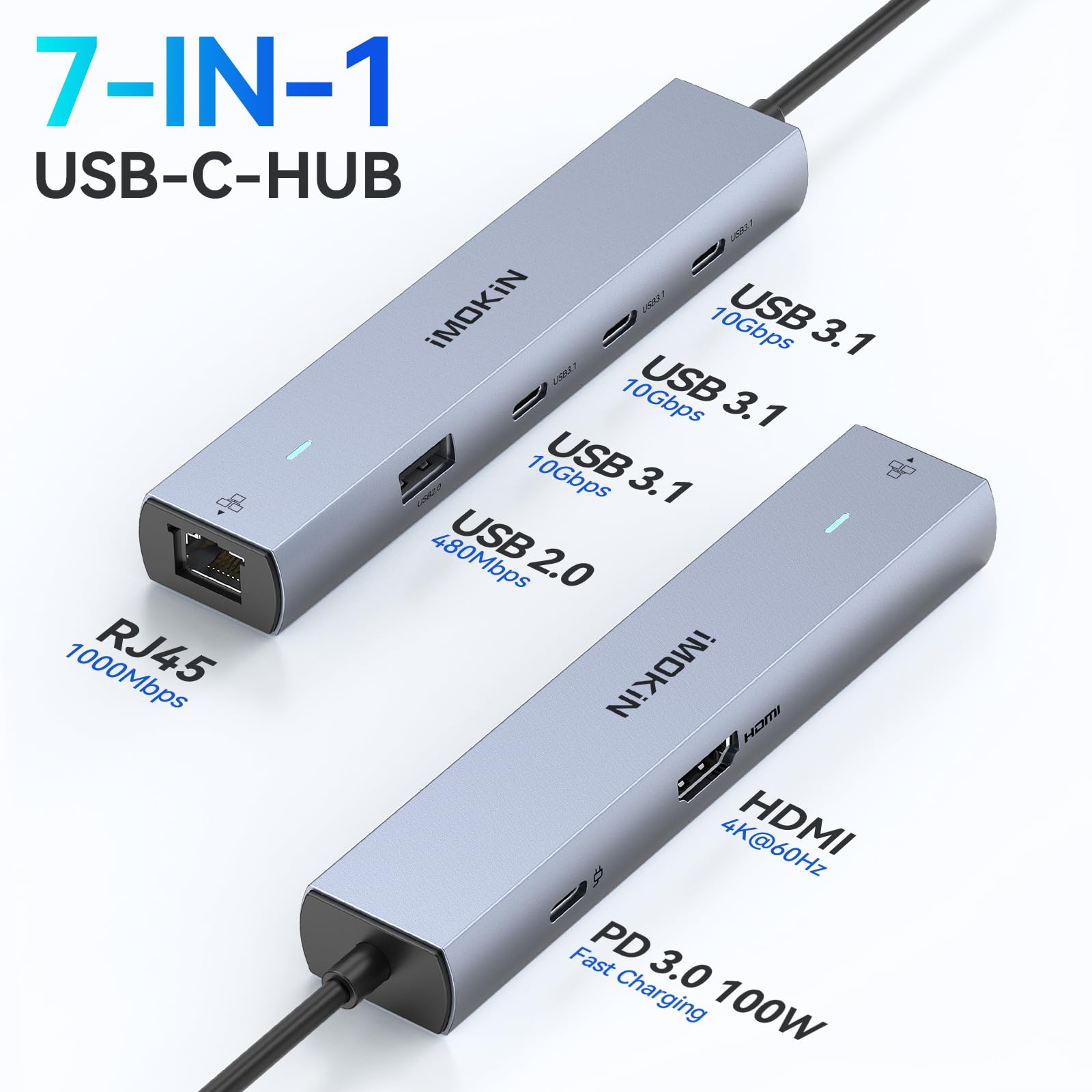 MOKiN 7 in 1 Hub USB C Ethernet, Adattatore USB C da 10Gbps per MacBook Pro/Air con HDMI 4K@60HZ, 3*USB-C 10Gbps Dati, RJ45, USB 2.0, 100W PD, Dongle USB C per MacBook Pro/Air/Dell/HP/Thinkpad/Lenovo.