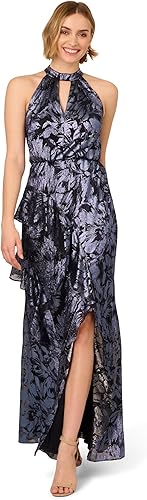 Adrianna Papell Women's Halter Crinkle Metallic Gown, Navy, 12