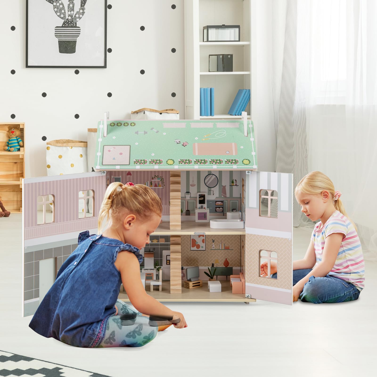 HOMASIS Casa delle Bambole per Bambini a 3 Piani, Casa da Sogno per Bambole in Legno con Mobili, Accessori, Tetti a Doppia Faccia, Villa delle Bambole di 3+ Anni, 55 x 33,5 x 66 cm, Rosa