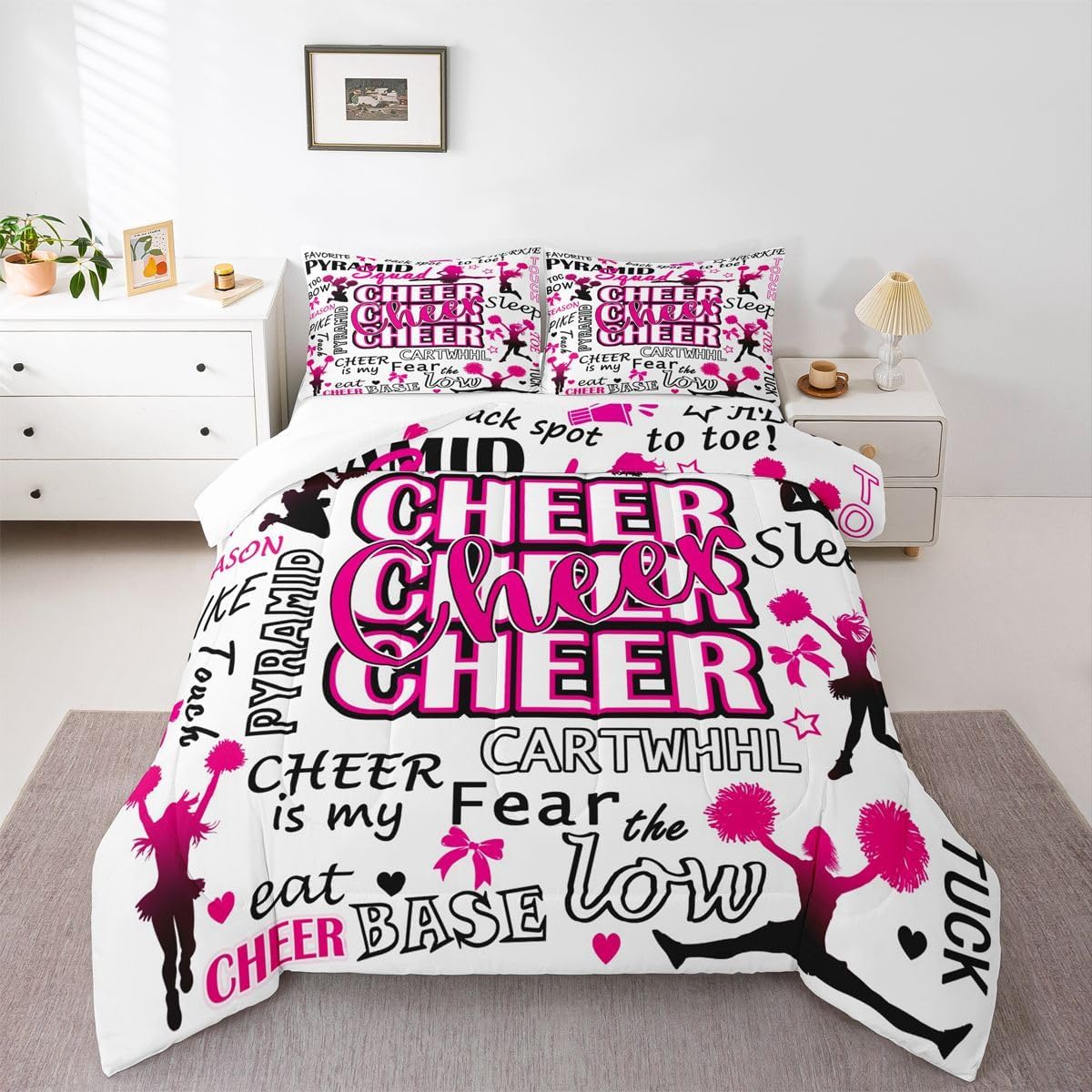 Erosebridal Cheerleader Comforter Set Twin Dancer Bedding Set for Kids Girls Women Adults Pink Glitter Cheer Themed Quilt Set Geometric Checkered Duvet Insert with 1 Pillowcase Bedroom Decor