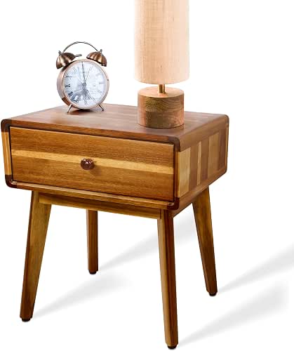 ENKEZI Small Mid Century Acacia Night Stand with Drawer Dresser,