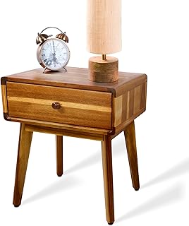 ENKEZI Small Mid Century Acacia Night Stand with Drawer Dresser, Handcrafted Small Nightstand, Space-Saving Bedroom Side Tables with Acrylic Coating, No Visible Nails