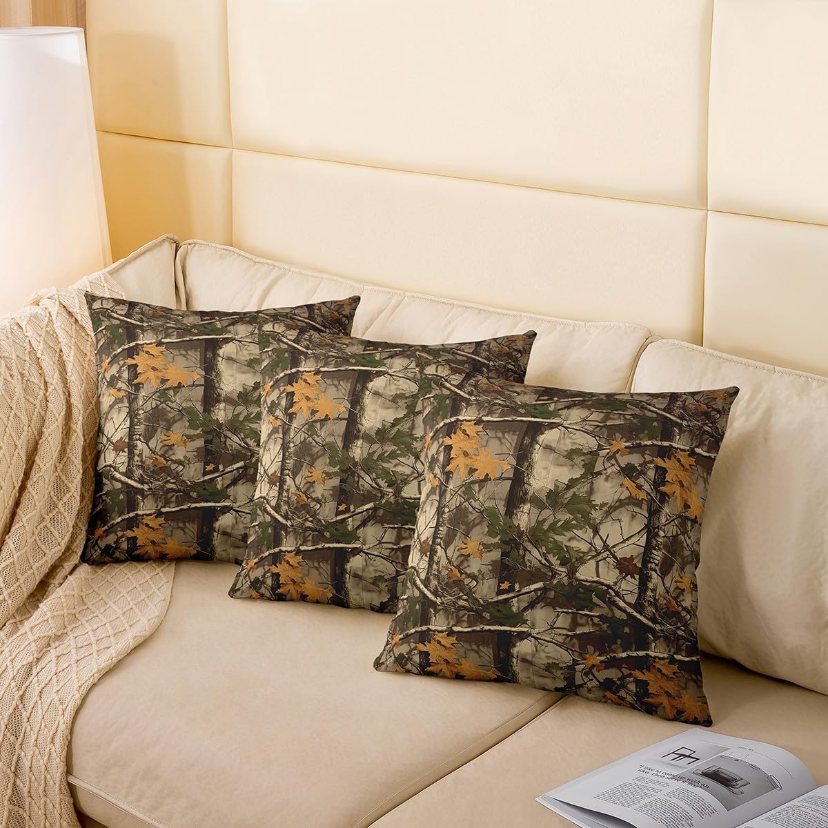 Feelyou Branch Throw Pillow Covers 24"x24" Set of 2 Leaf Pattern Cushion Case for Sofa Couch Bed Chair Car Camo Decorative Pillow Case Pillowcase Nature Theme Outdoor Pillows Covers