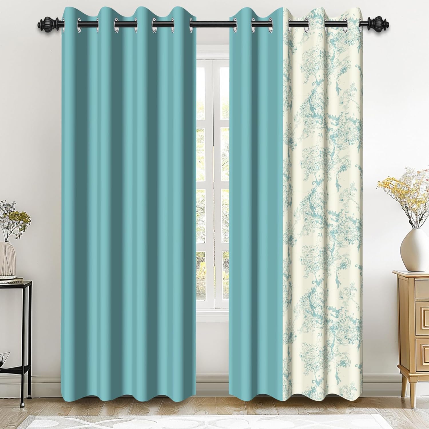 Renaiss 42 x 63 Inch Bedroom Blackout Curtains Half Solids Half Floral Printed Farmhouse Vintage Aesthetic Curtains French Country Grommet Green Window Treatment Farmhouse Drapes Black Liner 2 Panels