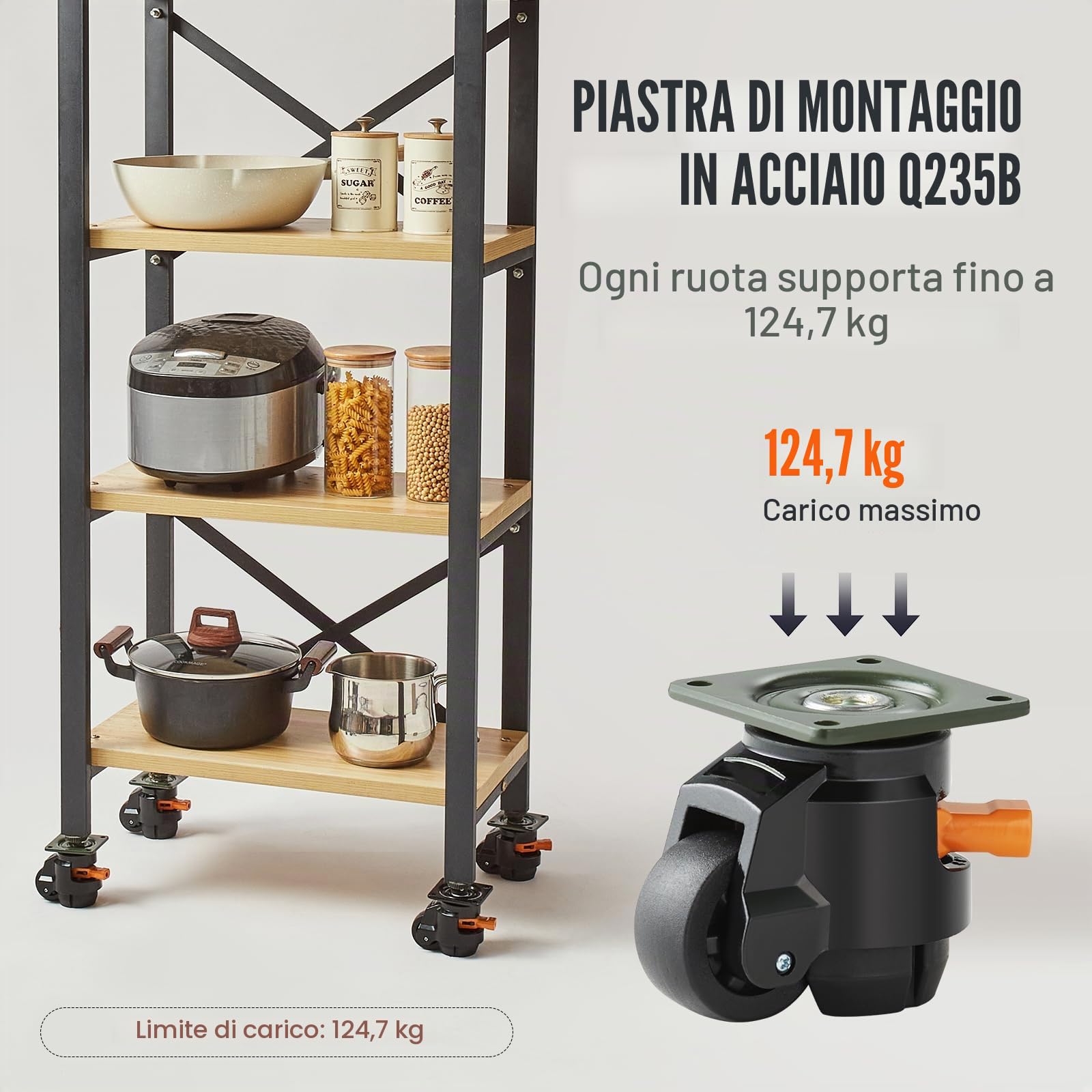 VEVOR Ruote Girevoli per Mobili Set di 4 Ruote Livellanti per Carichi Pesanti Capacità di Carico Max. 500 kg Diametro 50,8 mm, Ruote Girevoli Regolabili con Piedini per Mobili Banco di Lavoro 4 Pezzi