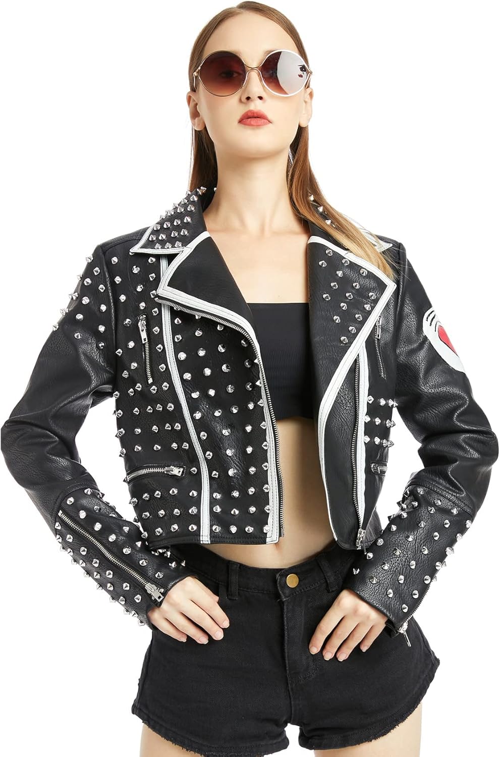 DARKSHE Women's Faux Leather PU Jacket, Graffiti Studded Rivet Punk Biker Moto Fashion Coat with Long Sleeve - Image 3