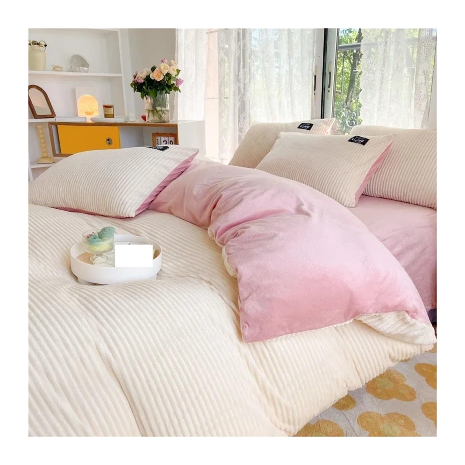 Ensemble de literie rose en velours corail avec drap et housse de couette chaude pour lit 120cm