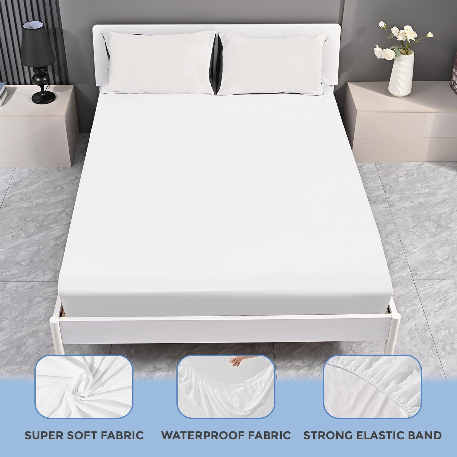 TEXTURE & LOOMS Waterproof Mattress Protector, Bamboo Queen Size Mattress Cover Soft and Breathable White Noiseless Mattress Pad for Bedroom, Machine Wash with Deep Pocket 18" Depth