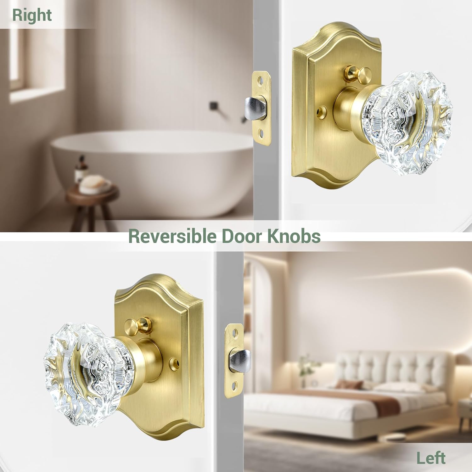 Crystal Door Knobs, Brushed Gold Glass Door Knobs Interior Rose Shape with Lock Privacy Function, Vintage Antique for Bedroom Bathroom