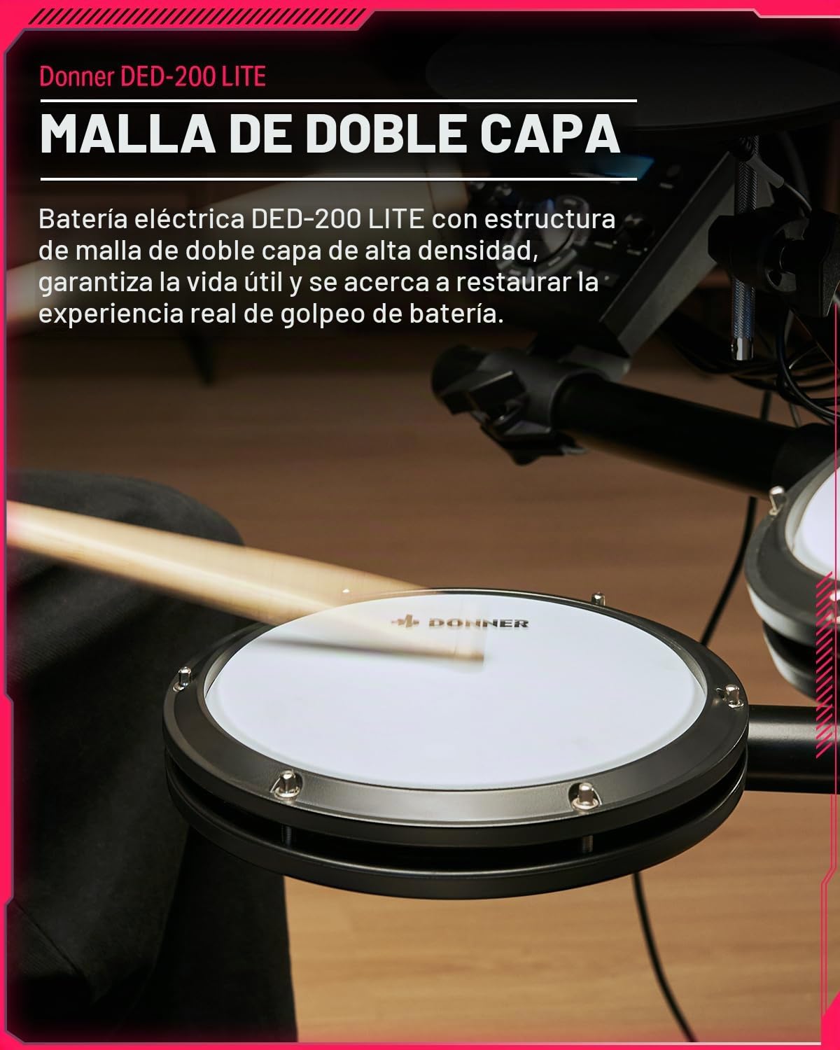 Batería Electrónica, Donner DED-200LITE Kit de Batería Eléctrica para Principiantes con más de 450 Sonidos, USB MIDI Parches de Malla Silenciosos Banqueta Auriculares Baquetas 40 Lecciones de Melodics