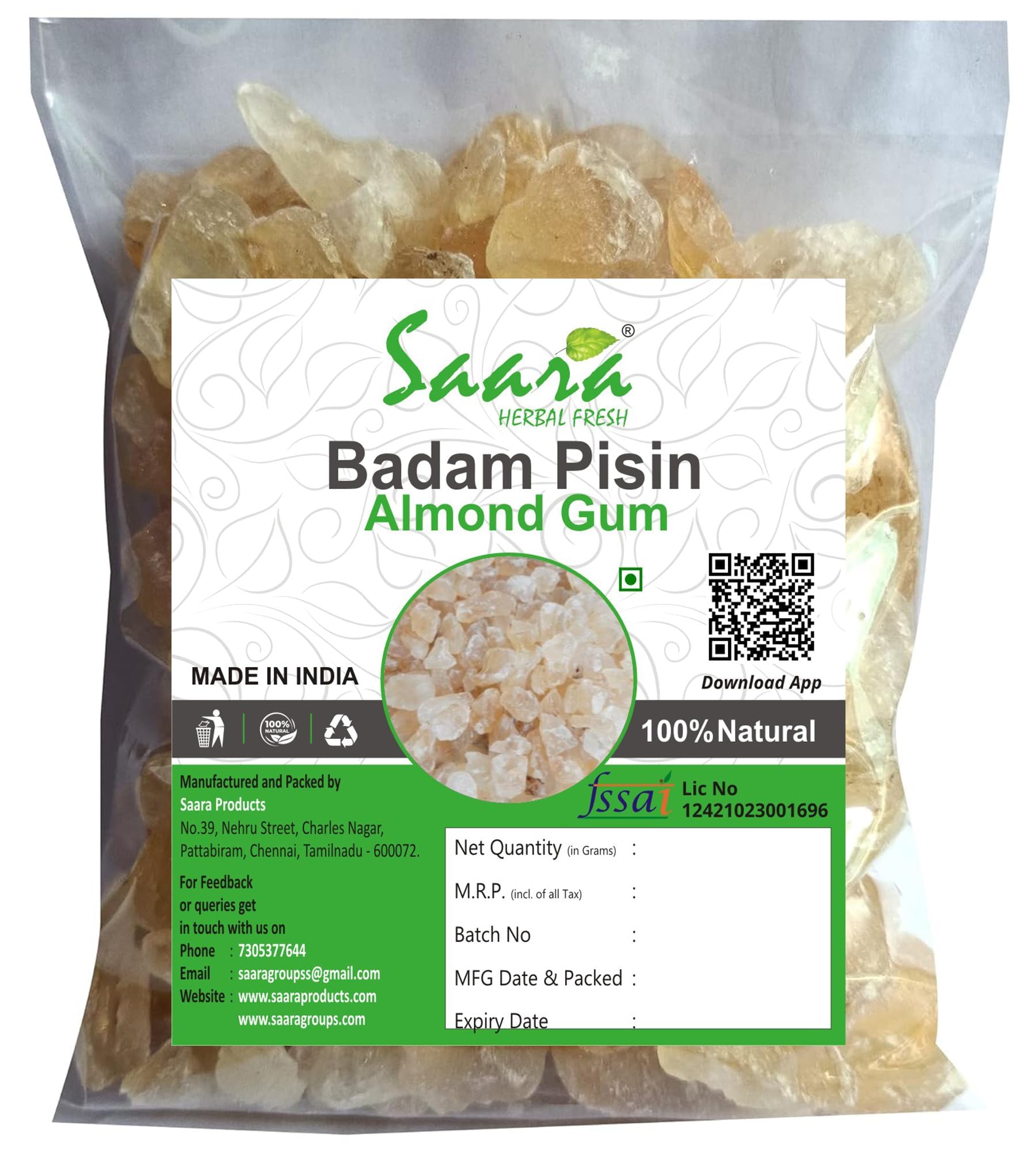 Saara HERBAL FRESH Badam Pisin, 200g, Almond Gum, Badam Gonth, Badam Resin, Gonth, (pack of 2 x 100g) (B0D3WZCCWD) Amazon Price History, Amazon Price Tracker