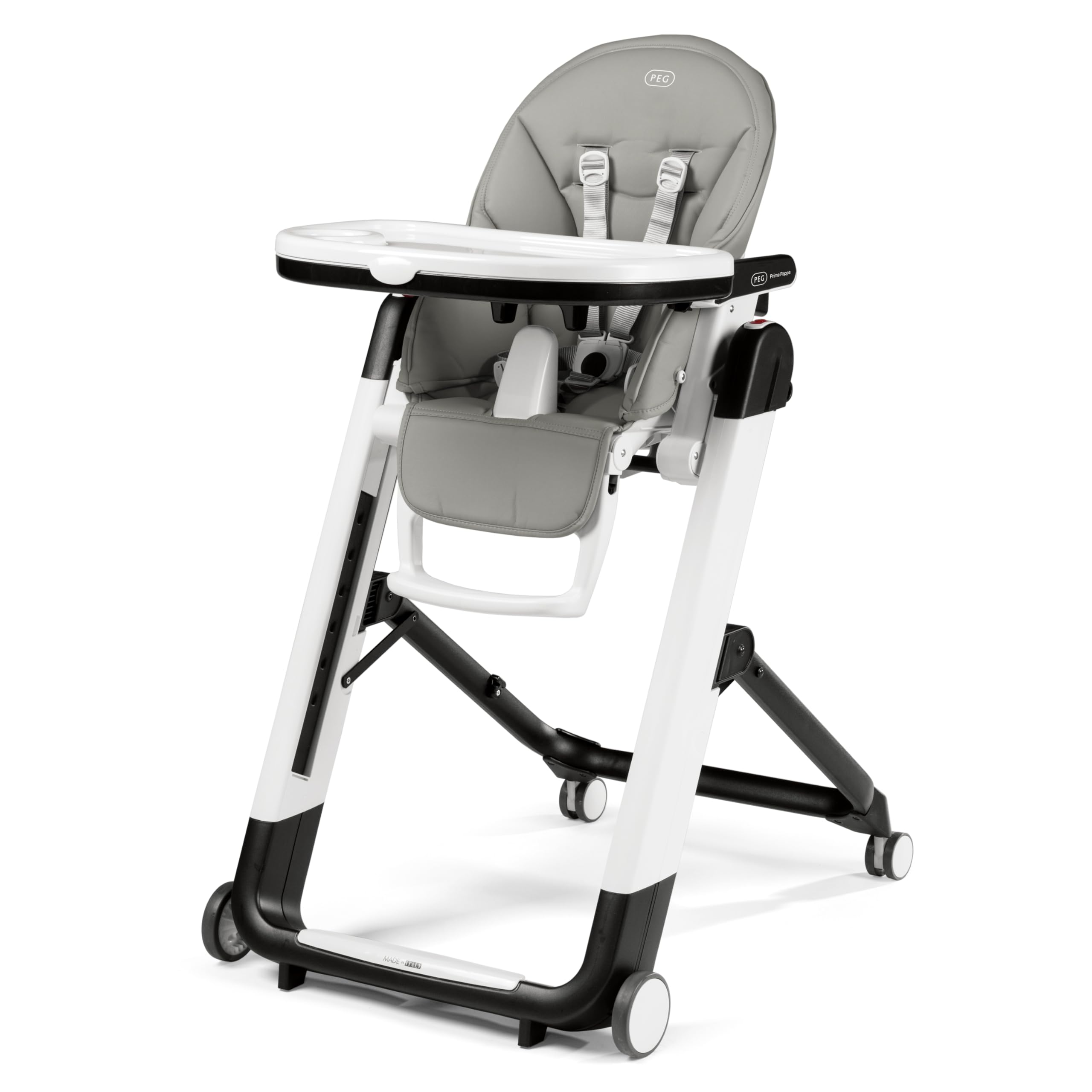 Peg Perego Siesta, Silla Alta Plegable y Reclinable Crece Con el Bebé, Altura Ajustable, Limpieza Rápida y Ruedas Fáciles de Empujar para Bebés y Niños Pequeños, Fabricada en Italia, Hielo (Gris)