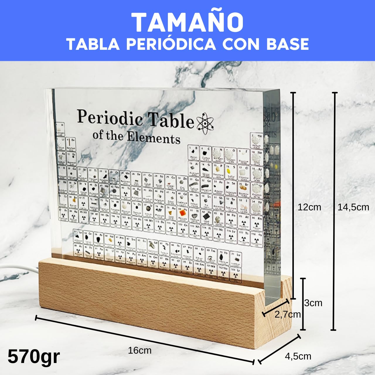 Tavola periodica con elementi reali e base in legno - Tavolo in resina trasparente e supporto in legno con luce LED a basso consumo - Regalo chimico per studenti, insegnanti, aule... (CON BASE)