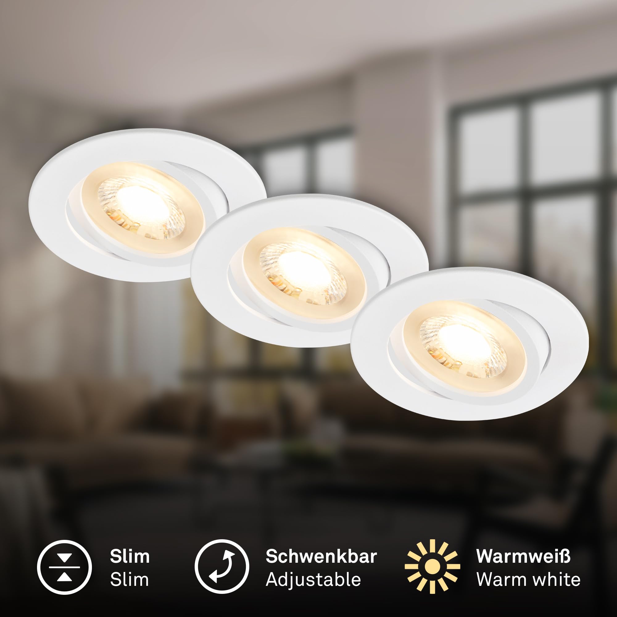 BRILONER - Pack 3 Downlights LED techo empotrables planos 230V, orientables, luz blanca cálida, ojos buey para, foco empotrable, 8 x 2,2 cm, blanco
