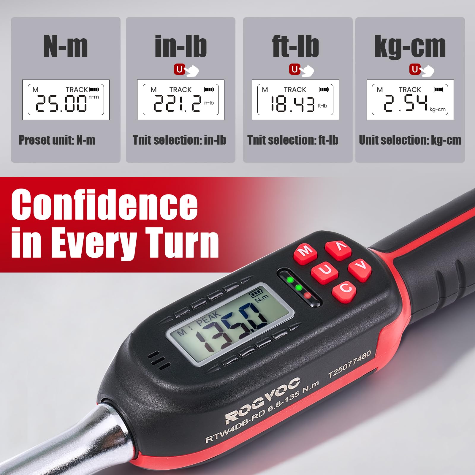 Llave dinamométrica digital ajustable de 6.8-135 N.m, llave dinamométrica electrónica intercambiable con extremo abierto de 42 mm y trinquete de 1/2 pulgada, precisión del 2%, alerta de