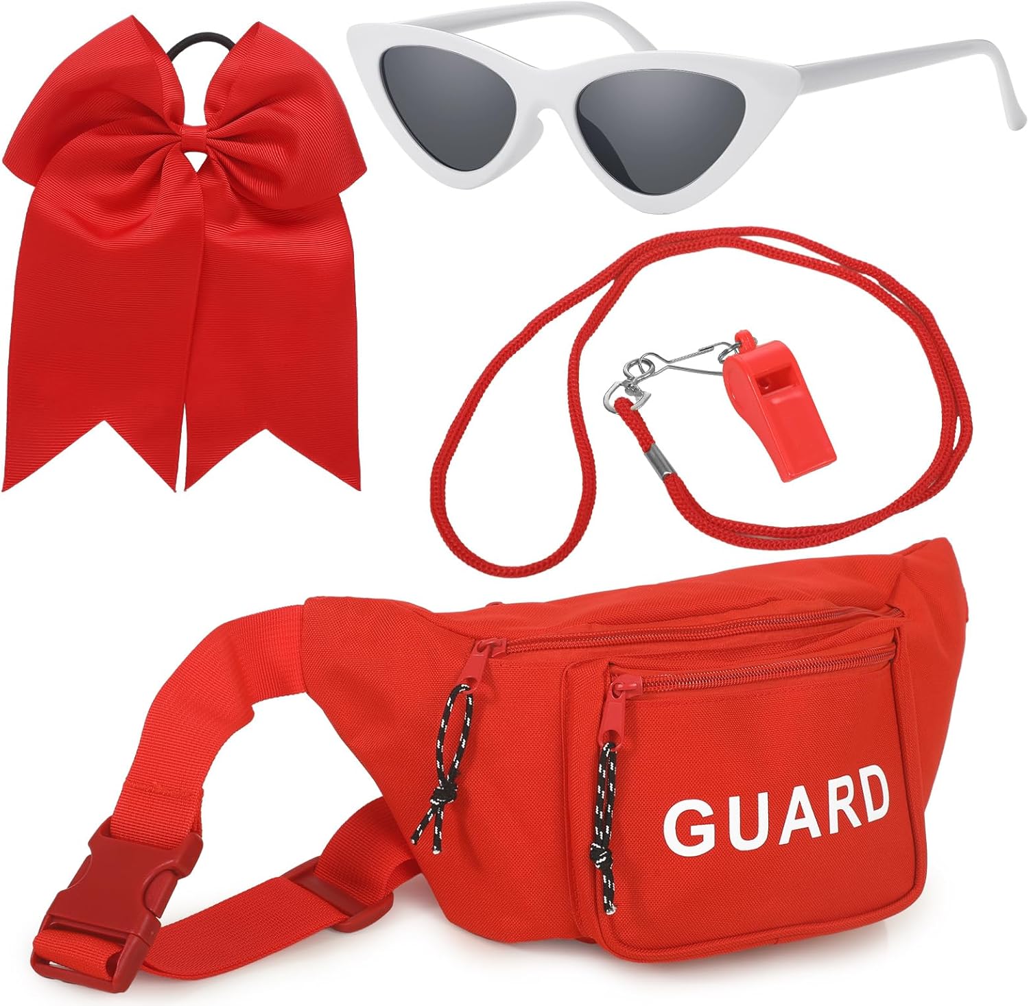 Jenaai 4 Pcs Guard Costume Set Include Guard Fanny Pack Whistle with Lanyard Cat Eye Sunglasses Elastic Band Large Ponytail Bow Tie Red Guard Costume for Women Girls Cosplay Party Accessories