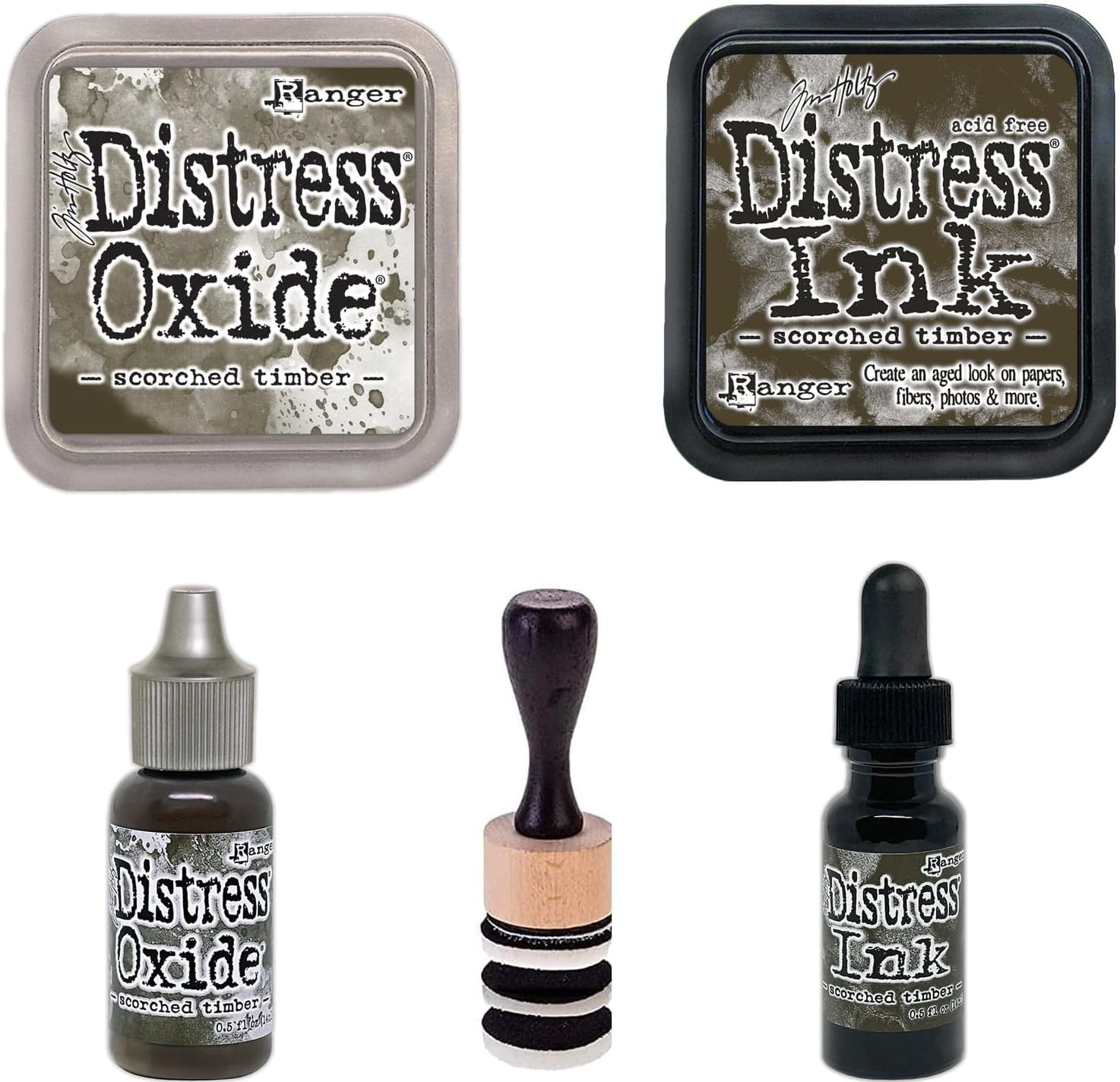Tim Holtz Scorched Timber - Distress Ink and Distress Oxide - Pads, Reinkers & Tools - 5 Item Bundle