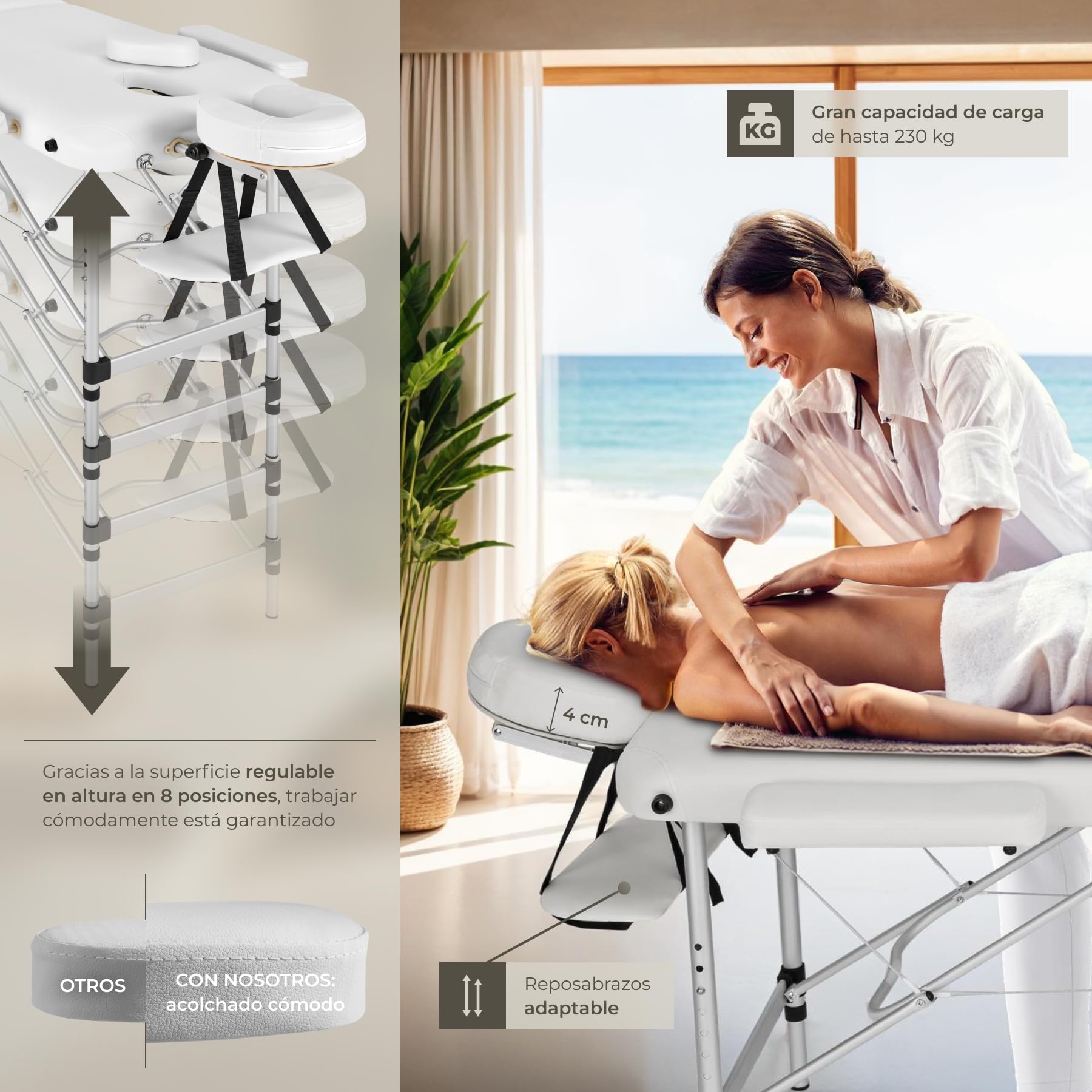 tectake® Camilla Masaje Plegable y Ajustable en Altura, Camilla Estética Profesional de Aluminio, Camilla Profesional Fisioterapia, Quiromasaje, Tatoos, 2 Zonas, con Cojines y Bolsa Transporte -Blanco