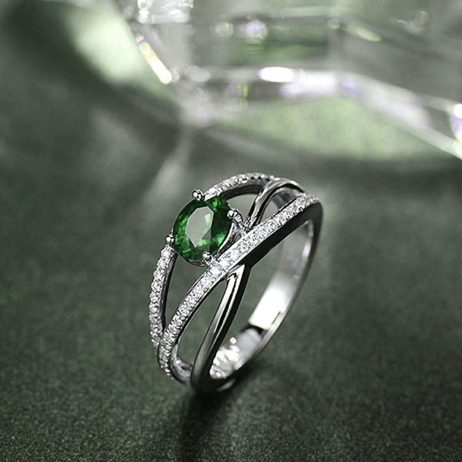 Anillos de oro blanco para mujer, platino, anillo de compromiso infinito con esmeralda ovalada de 1 quilate y moissanita, talla H 1/2-V 1/2