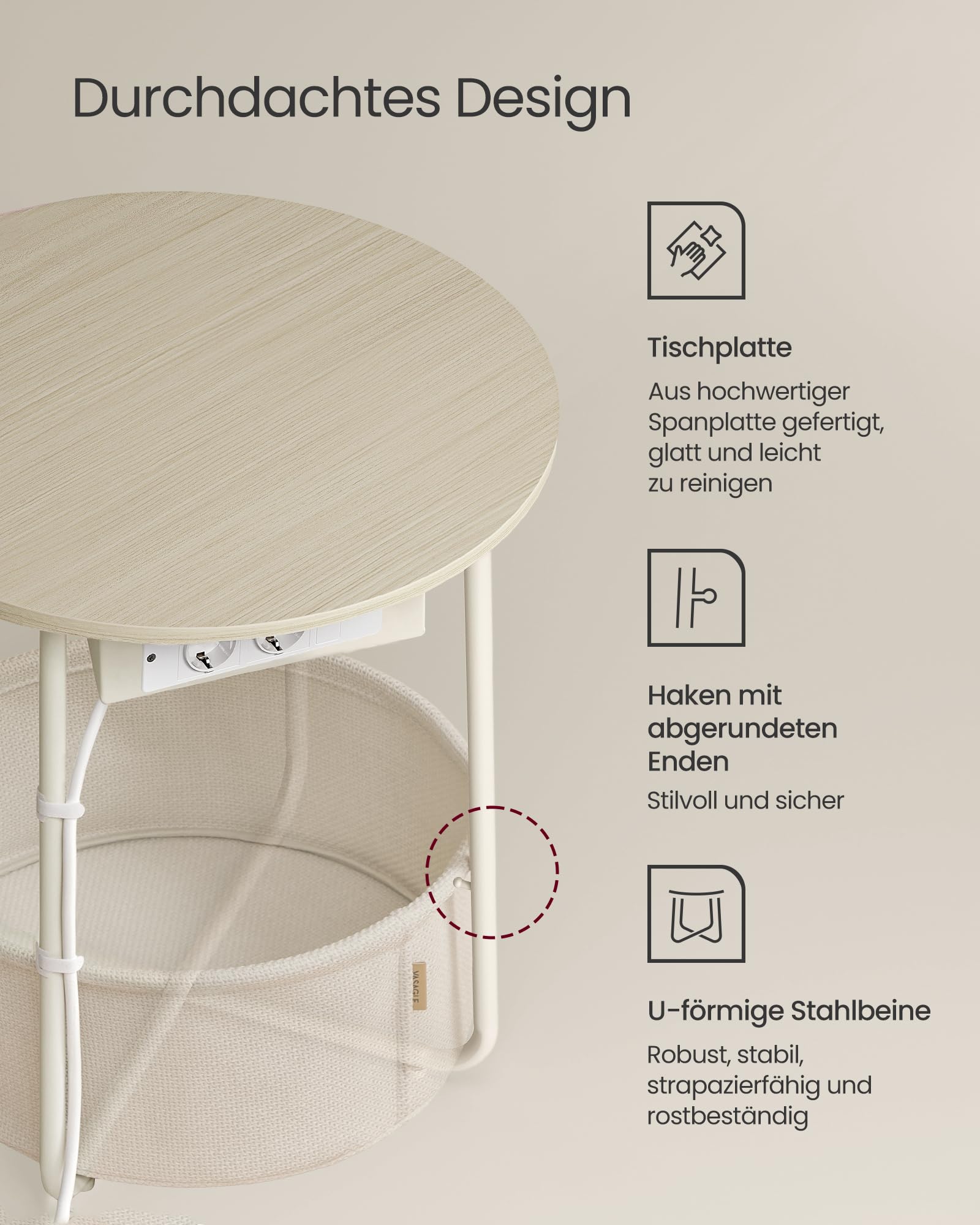 VASAGLE LILEA Beistelltisch rund mit Steckdose, Stauraum, naturbeige-cremeweiß LET228LL01