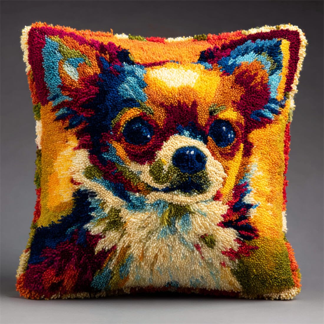 Kitquiver Animal Latch Hook Cushion Craft Kits Cartoon Chihuahua DIY Latch Hook Rug Kit for Beginners Embroidery Cushion Canvasfor Adult Beginners 17x17In