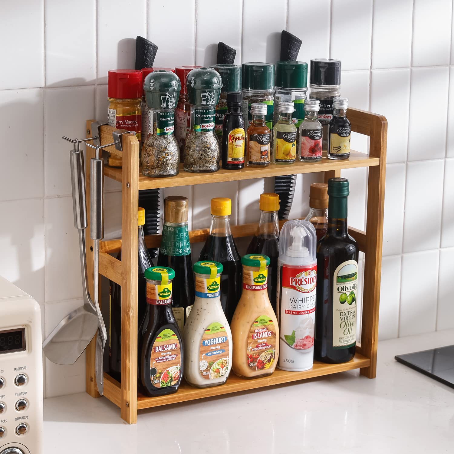 HOKIPO Bamboo 2 Tier Spice Rack Organizer For Kitchen Platform Counter
