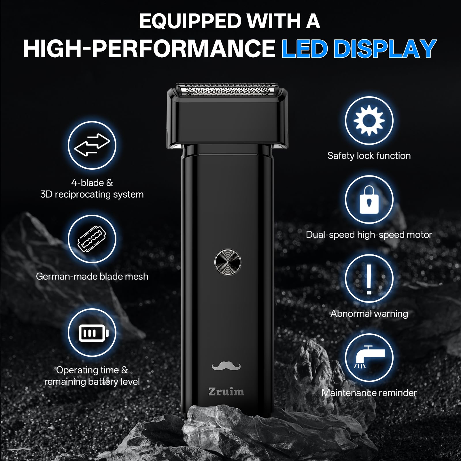 Electric Shaver for Men, 2-Speed Reciprocating Razor with 3 Blades with 3 Floating Blades & Big LED Display, Face Shaver with IPX7 Waterproof Wet/Dry, Portable for Travel, USB Type C