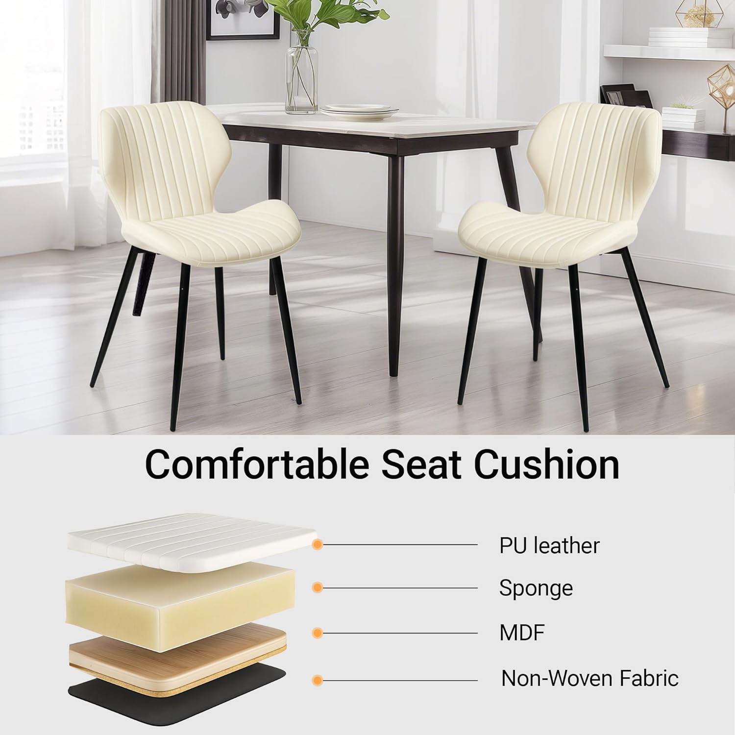 CangLong Dining Chairs Set of 2, Faux Leather Dining Room Chairs with Comfy Tufted Seat & Backrest, Modern Kicthen Chairs Armless Accent Chairs with Sturdy Metal Legs for Living Room, Cafe, Beige
