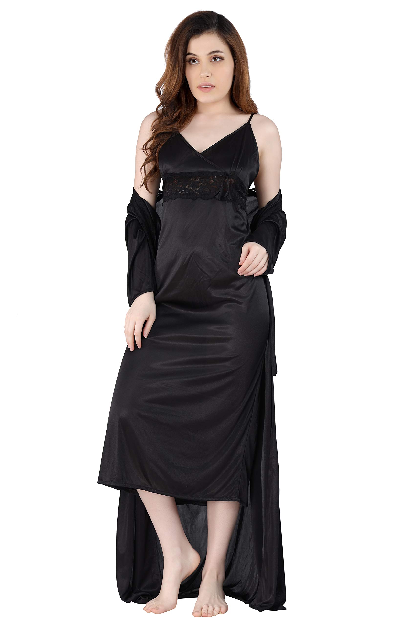Women's Satin Solid Maxi Length Nighty with Robe (Size - Free Size) (Nightwear Set Pack of 2)