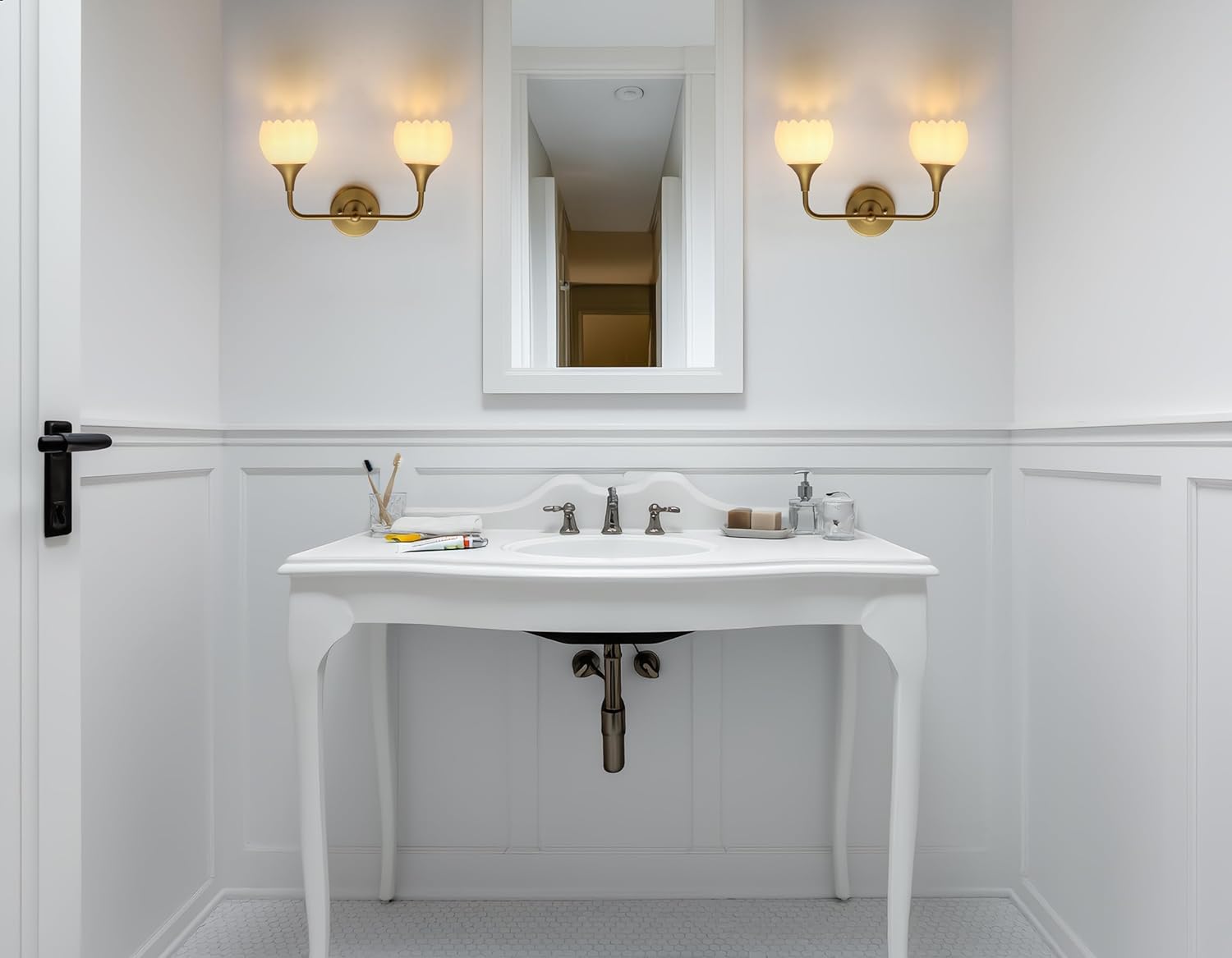 Phansthy Bathroom Vanity Light Fixtures, Hardwired 2-Light Modern Sconces Wall Light Over Mirror with Clear Tulip Glass Shade for Bedroom Living Room Hallway Kitchen (Antique Gold + White Shade)