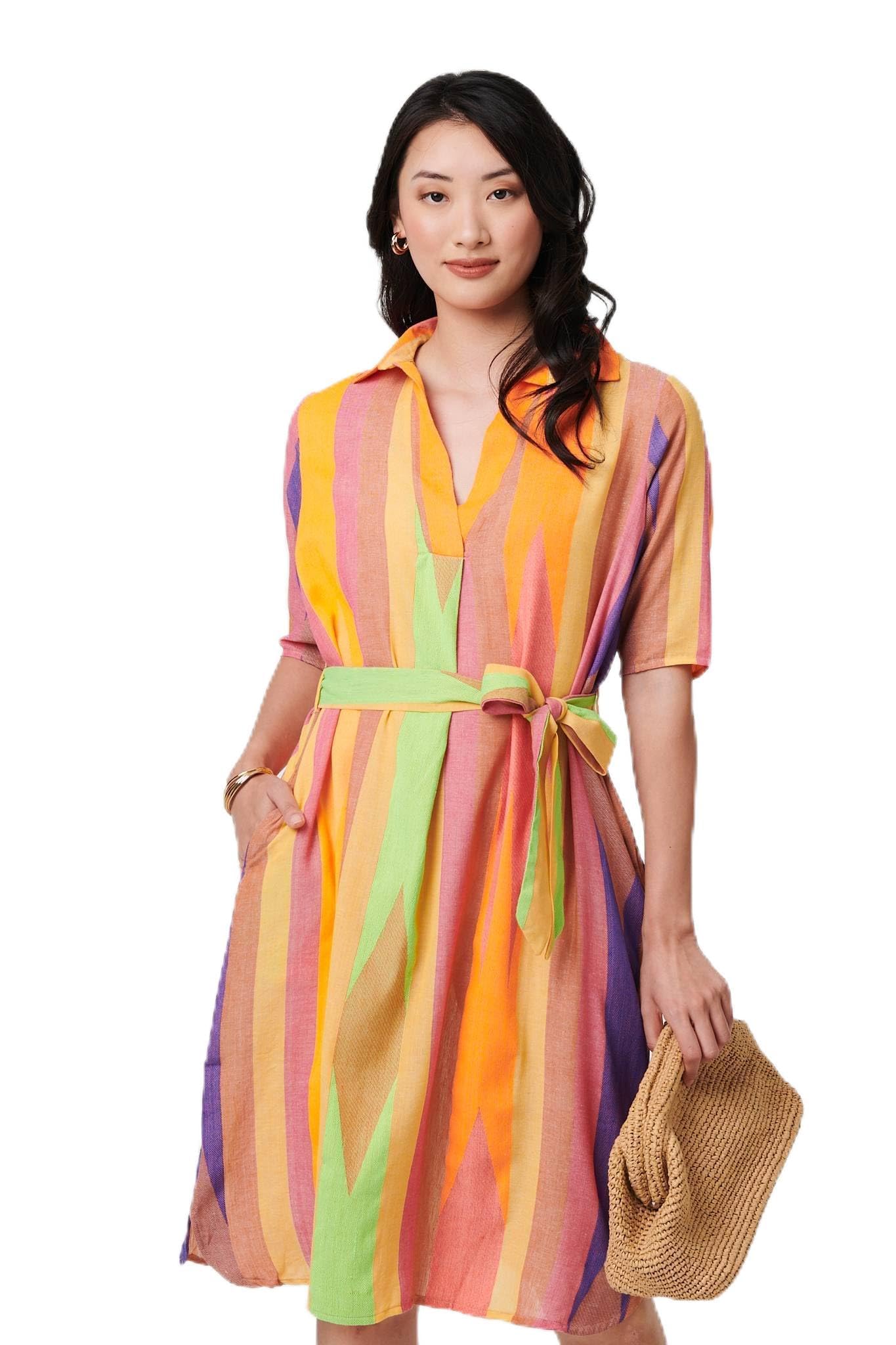 Izabel London Green Striped Knee Length Tie Waist Dress - 16