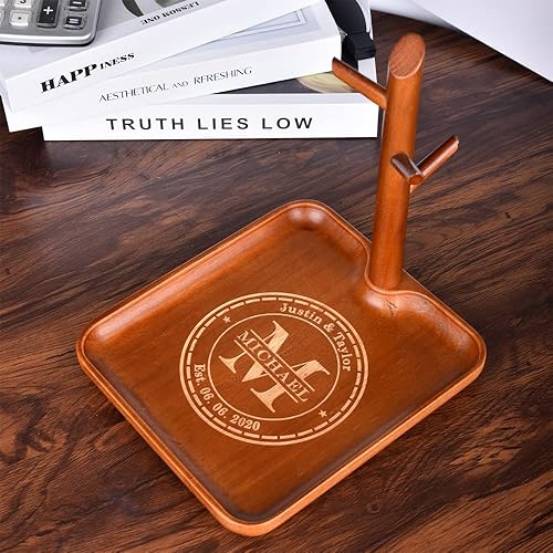 Miniatura 4 de Cuenco para llaves de madera personalizado para mesa de entrada, organizador de bandeja de valet de madera grabada personalizada con 3 estantes para