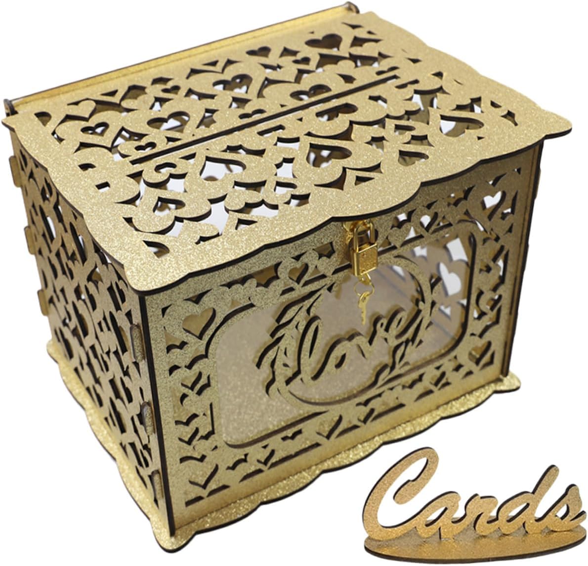 Healifty Wooden Hollow Wedding Reception Card Box Glitter Decorative Envelope Money Greeting Storage Box for Birthday and Valentine’s Day Events