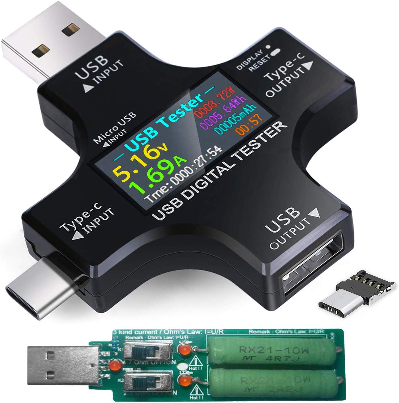 USB C Tester, 2 in 1 USB C Type-c Tester,Color Screen IPS Digital Multimeter,Voltage,Current,Power,Resistance,Temperature,Capacity Detector,with 3A Adjustable Shift Load