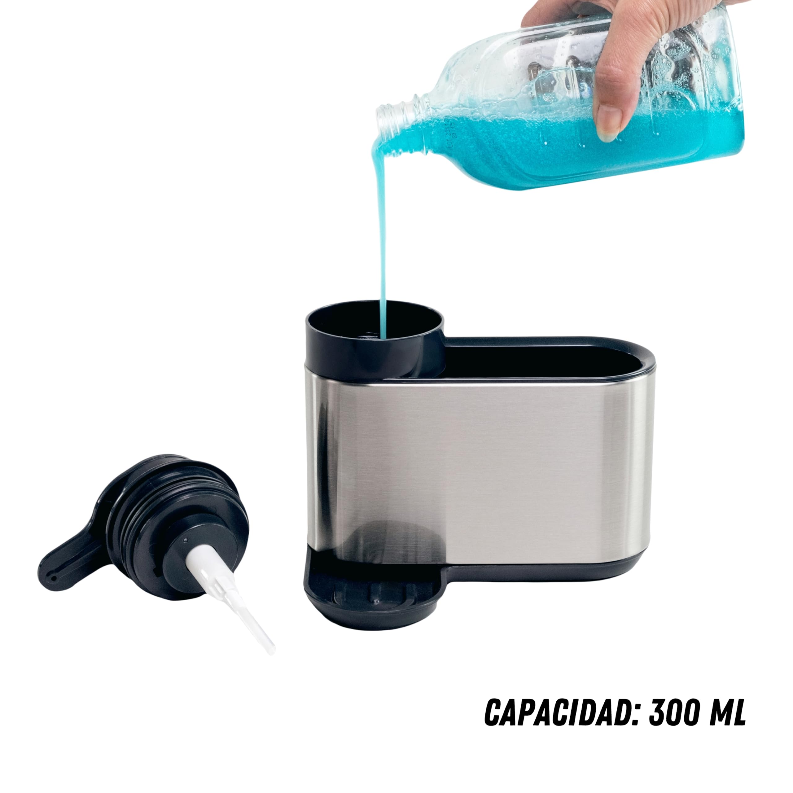 Erreke Dispensador de Jabón de Cocina, Acero Inoxidable Antihuellas | Dosificador Jabón Cocina con Soporte para Esponja. Larga Duración. Para Líquido Lavavajillas. Recargable